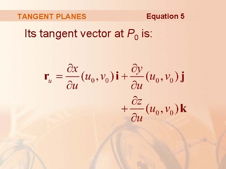 TANGENT PLANES Equation 5 Its tangent vector at P 0 is: 