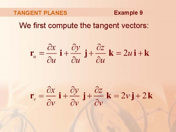 TANGENT PLANES Example 9 We first compute the tangent vectors: 