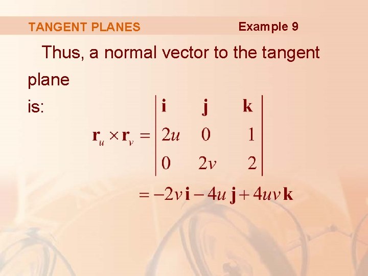 TANGENT PLANES Example 9 Thus, a normal vector to the tangent plane is: 
