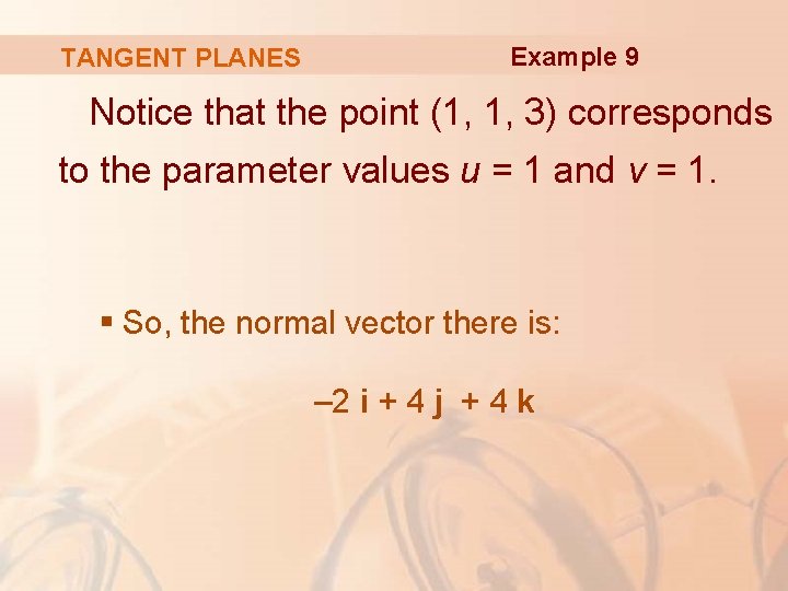 TANGENT PLANES Example 9 Notice that the point (1, 1, 3) corresponds to the