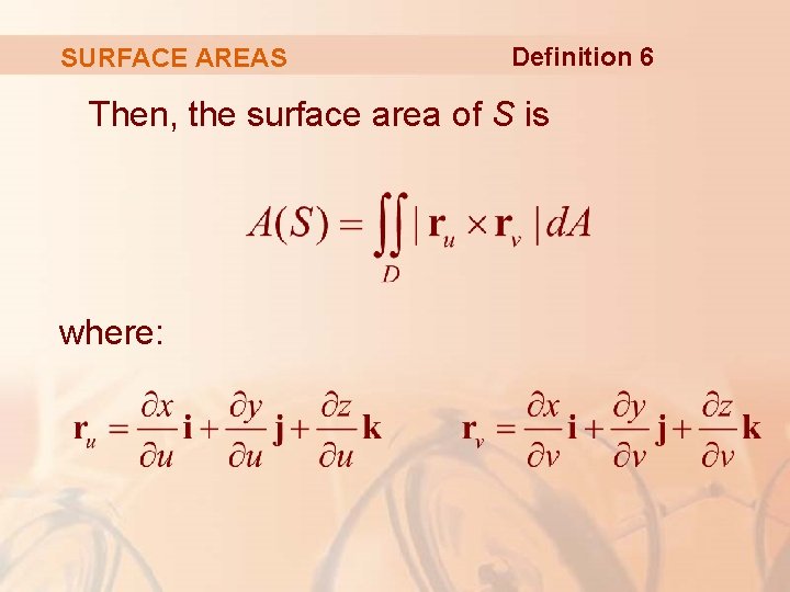 SURFACE AREAS Definition 6 Then, the surface area of S is where: 