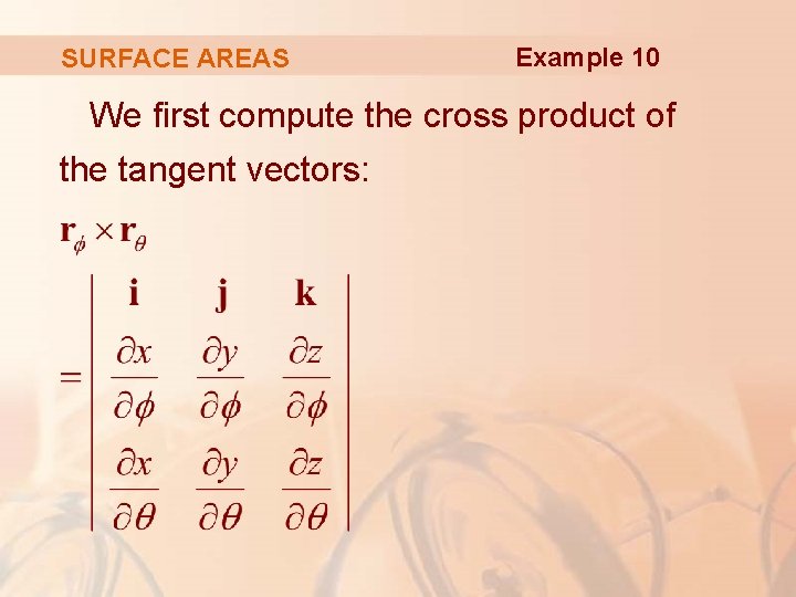 SURFACE AREAS Example 10 We first compute the cross product of the tangent vectors: