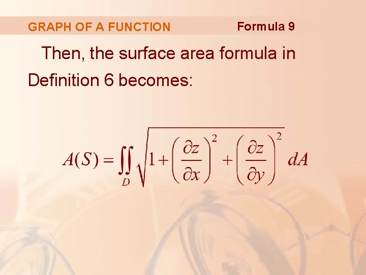 GRAPH OF A FUNCTION Formula 9 Then, the surface area formula in Definition 6