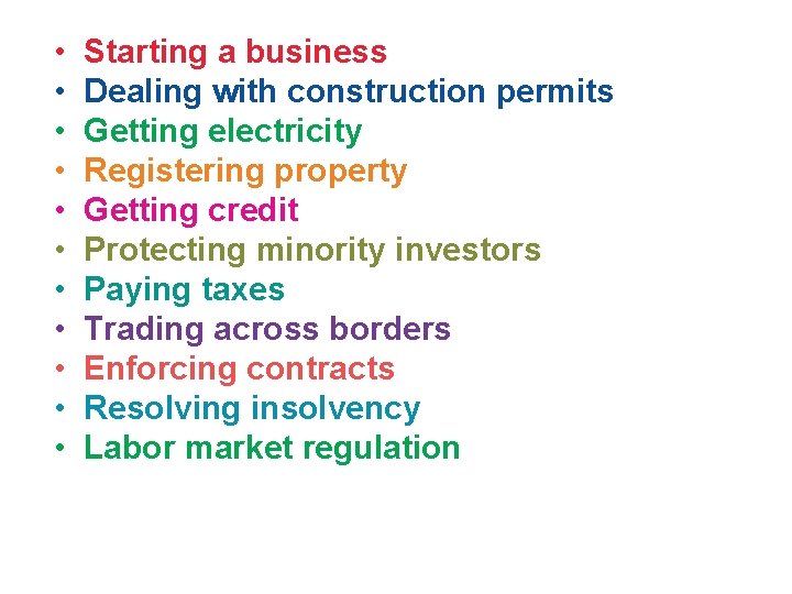  • • • Starting a business Dealing with construction permits Getting electricity Registering