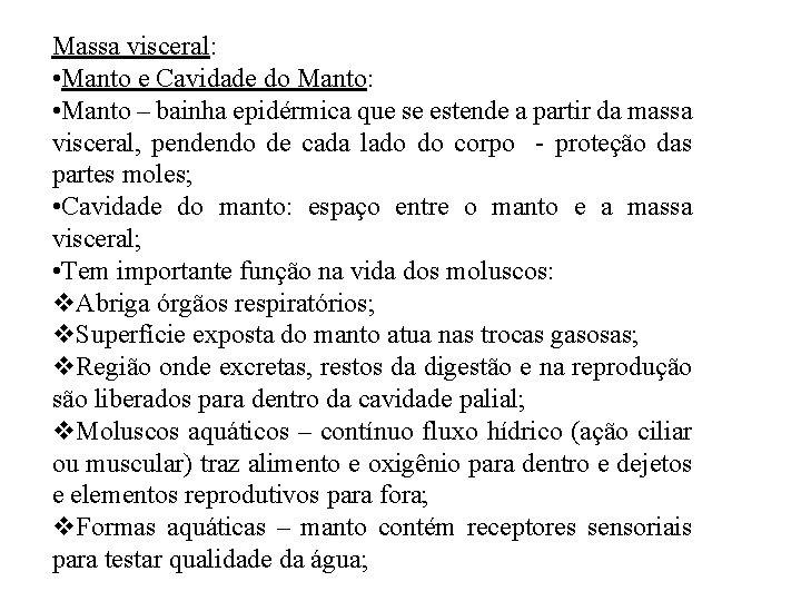 Massa visceral: • Manto e Cavidade do Manto: • Manto – bainha epidérmica que