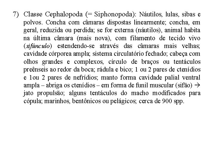 7) Classe Cephalopoda (= Siphonopoda): Náutilos, lulas, sibas e polvos. Concha com câmaras dispostas