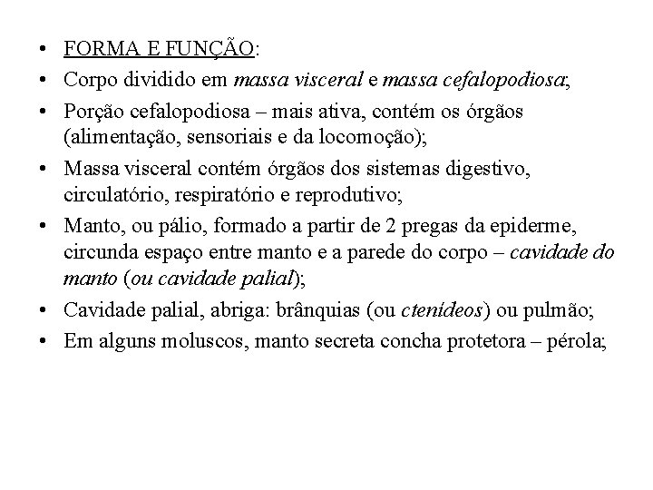  • FORMA E FUNÇÃO: • Corpo dividido em massa visceral e massa cefalopodiosa;