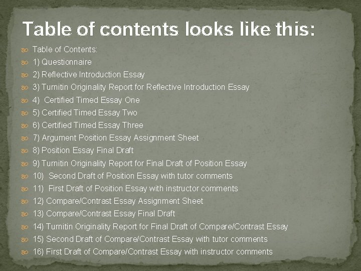 Table of contents looks like this: Table of Contents: 1) Questionnaire 2) Reflective Introduction Table of contents looks like this: Table of Contents: 1) Questionnaire 2) Reflective Introduction