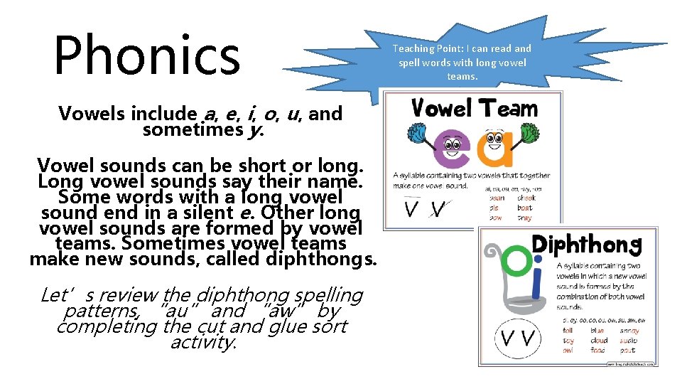 Phonics Vowels include a, e, i, o, u, and sometimes y. Vowel sounds can