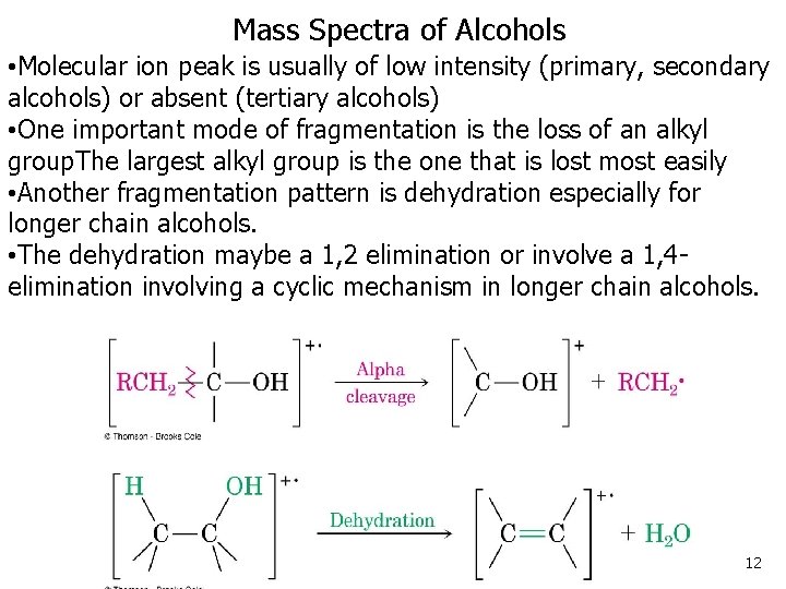 Mass Spectra of Alcohols • Molecular ion peak is usually of low intensity (primary,