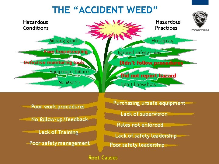 THE “ACCIDENT WEED” Hazardous Practices Hazardous Conditions Missing guard Horseplay Poor housekeeping Ignored safety