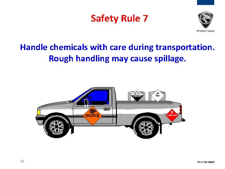 Safety Rule 7 Handle chemicals with care during transportation. Rough handling may cause spillage.