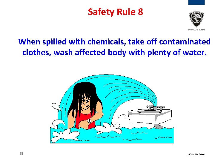 Safety Rule 8 When spilled with chemicals, take off contaminated clothes, wash affected body