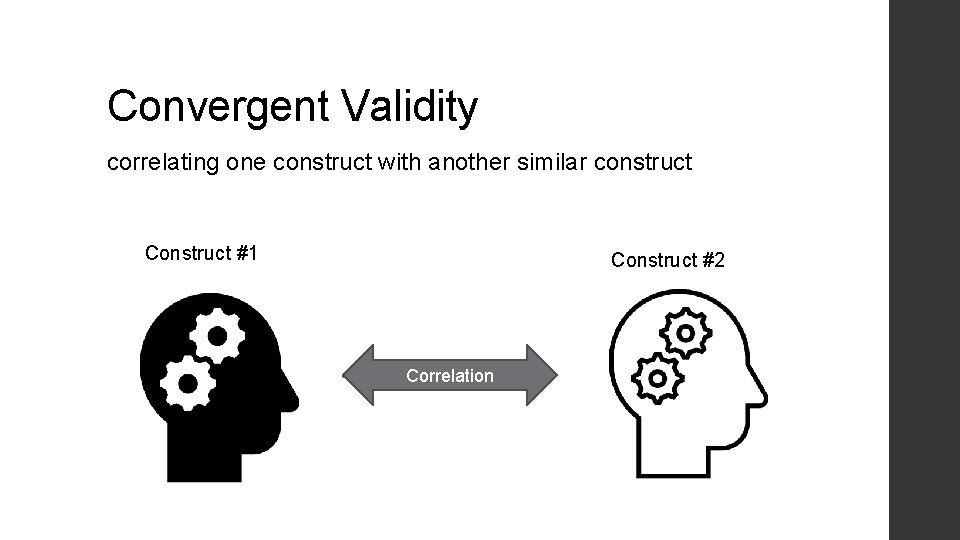 Convergent Validity correlating one construct with another similar construct Construct #1 Construct #2 Correlation