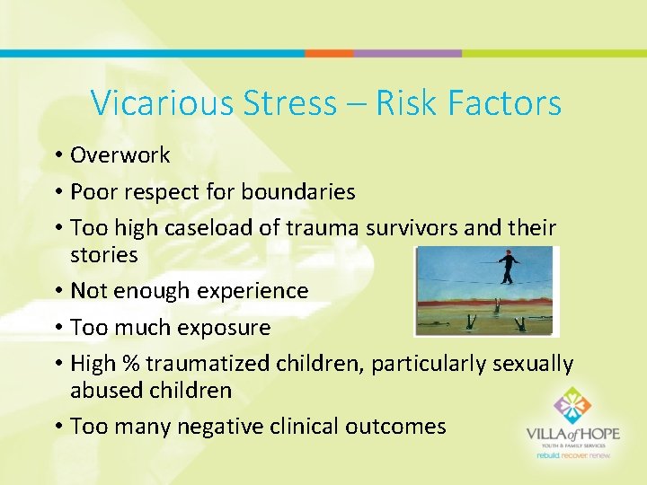 Vicarious Stress – Risk Factors • Overwork • Poor respect for boundaries • Too