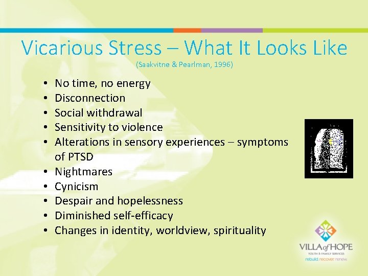 Vicarious Stress – What It Looks Like (Saakvitne & Pearlman, 1996) • • •