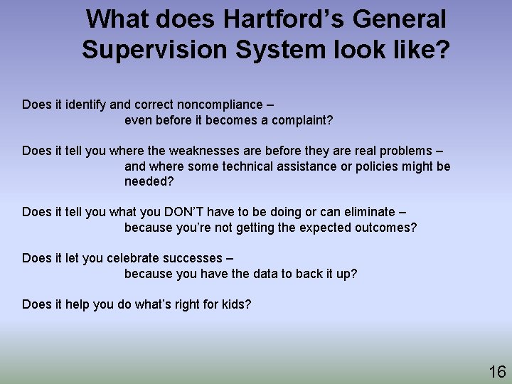 What does Hartford’s General Supervision System look like? Does it identify and correct noncompliance