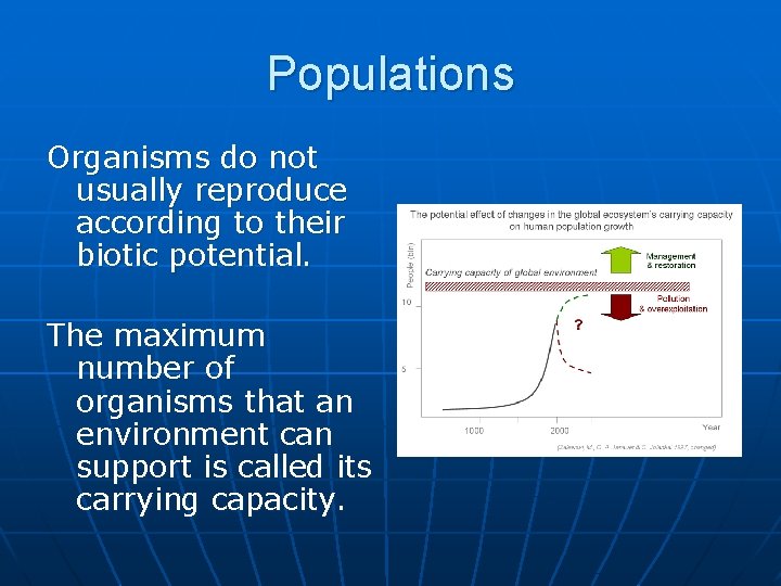 Populations Organisms do not usually reproduce according to their biotic potential. The maximum number