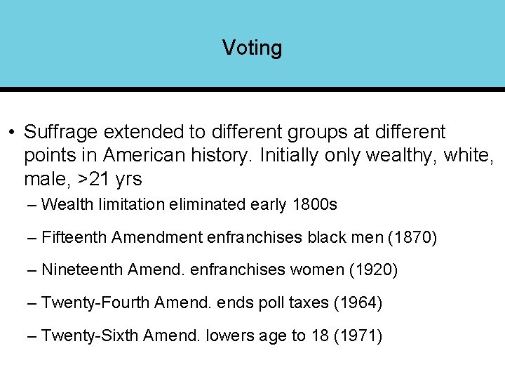 Voting • Suffrage extended to different groups at different points in American history. Initially