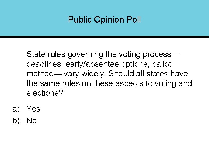 Public Opinion Poll State rules governing the voting process— deadlines, early/absentee options, ballot method—