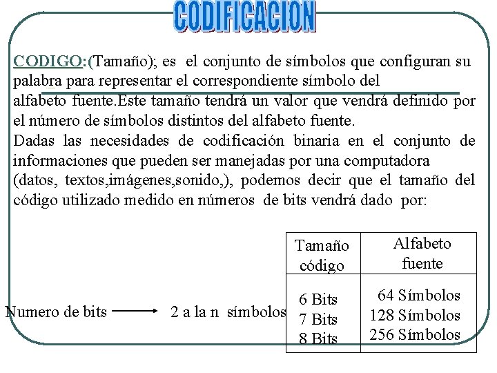 CODIGO: (Tamaño); es el conjunto de símbolos que configuran su : ( palabra para CODIGO: (Tamaño); es el conjunto de símbolos que configuran su : ( palabra para
