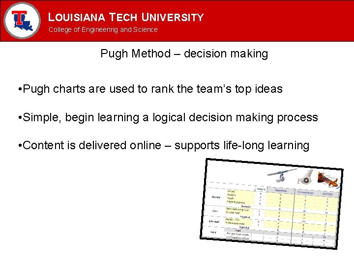 LOUISIANA TECH UNIVERSITY MECHANICAL ENGINEERING PROGRAM College of Engineering and Science Pugh Method – LOUISIANA TECH UNIVERSITY MECHANICAL ENGINEERING PROGRAM College of Engineering and Science Pugh Method –