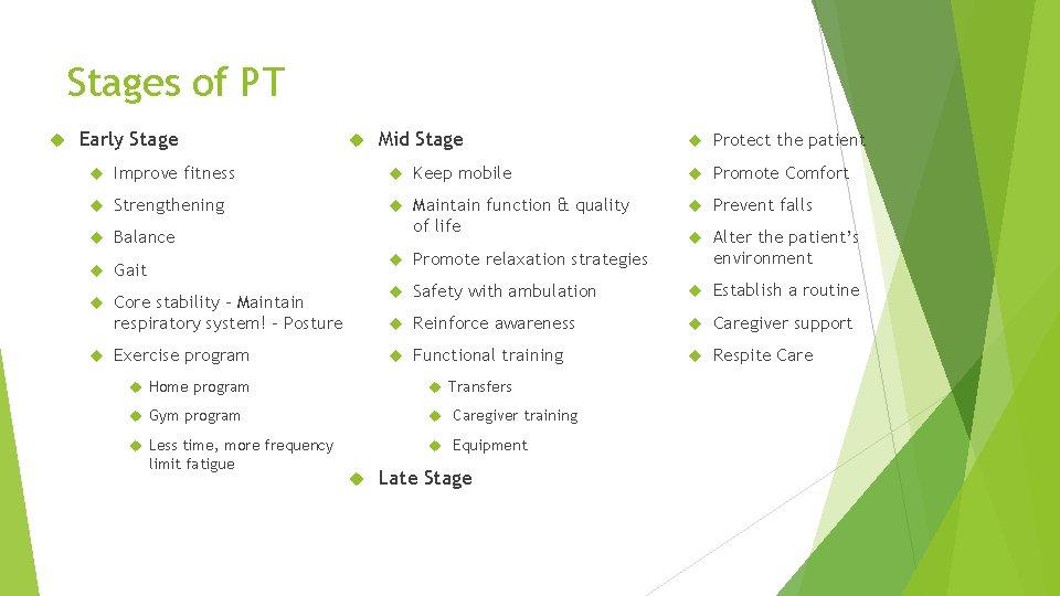 Stages of PT Early Stage Mid Stage Protect the patient Improve fitness Keep mobile