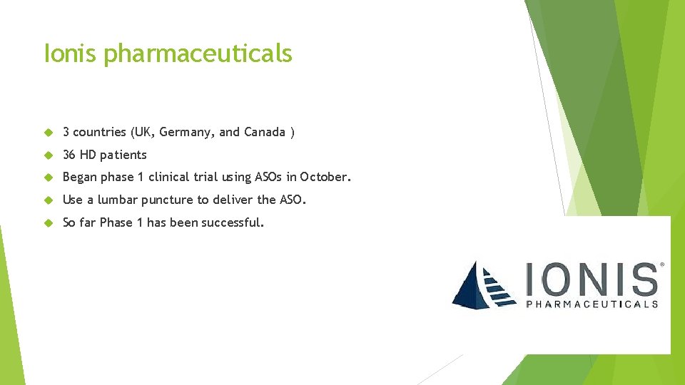 Ionis pharmaceuticals 3 countries (UK, Germany, and Canada ) 36 HD patients Began phase