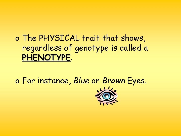 o The PHYSICAL trait that shows, regardless of genotype is called a PHENOTYPE o o The PHYSICAL trait that shows, regardless of genotype is called a PHENOTYPE o