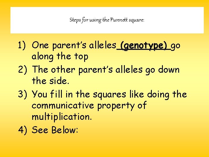 Steps for using the Punnett square: 1) One parent’s alleles (genotype) go along the Steps for using the Punnett square: 1) One parent’s alleles (genotype) go along the