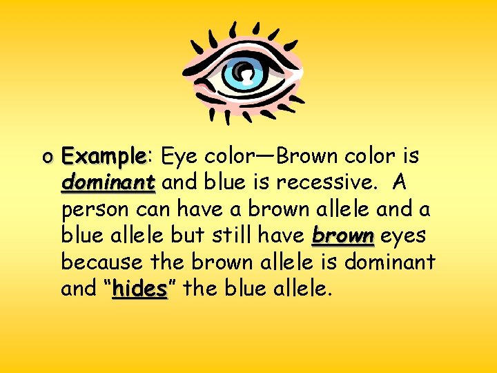 o Example: Example Eye color—Brown color is dominant and blue is recessive. A person o Example: Example Eye color—Brown color is dominant and blue is recessive. A person