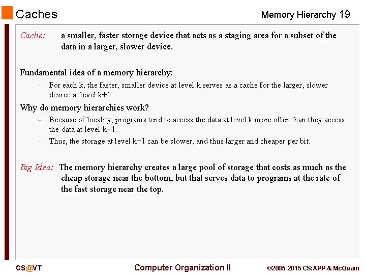 Caches Cache: Memory Hierarchy 19 a smaller, faster storage device that acts as a