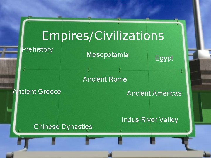 Empires/Civilizations Prehistory Mesopotamia Egypt Ancient Rome Ancient Greece Chinese Dynasties Ancient Americas Indus River