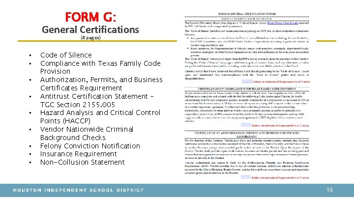 FORM G: General Certifications (4 pages) • • • Code of Silence Compliance with