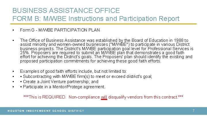 BUSINESS ASSISTANCE OFFICE FORM B: M/WBE Instructions and Participation Report • Form G -