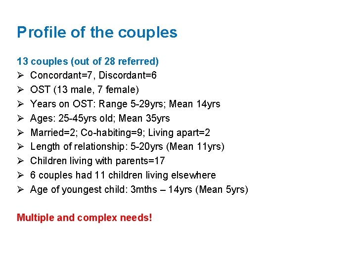 Profile of the couples 13 couples (out of 28 referred) Ø Concordant=7, Discordant=6 Ø