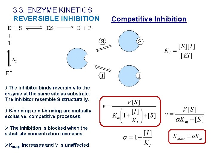 3. 3. ENZYME KINETICS REVERSIBLE INHIBITION ØThe inhibitor binds reversibly to the enzyme at