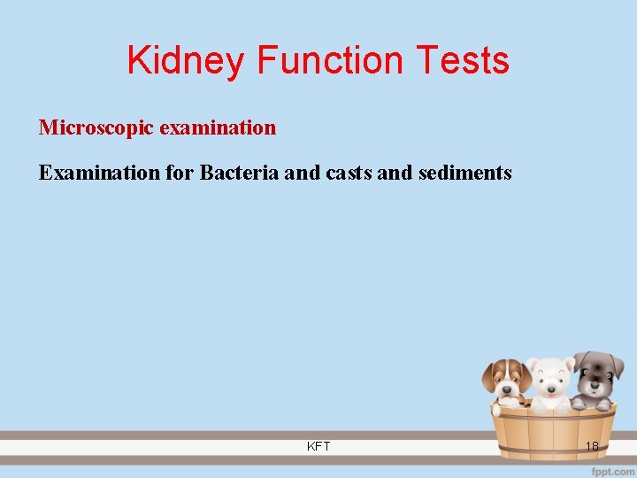 Kidney Function Tests Microscopic examination Examination for Bacteria and casts and sediments KFT 18