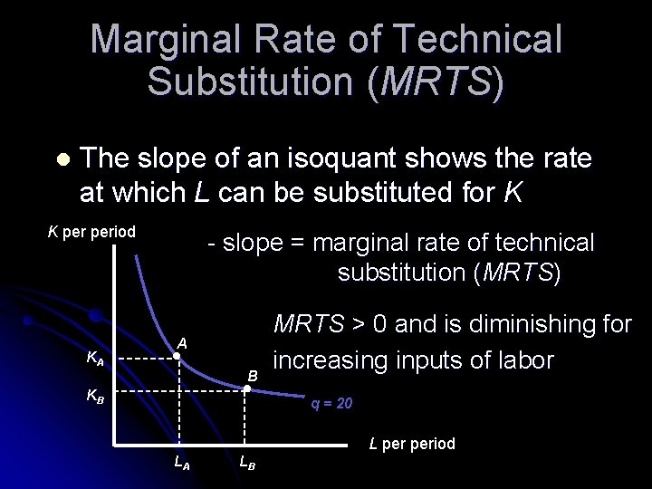 Marginal Rate of Technical Substitution (MRTS) l The slope of an isoquant shows the