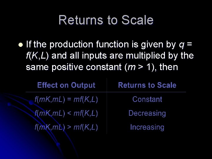 Returns to Scale l If the production function is given by q = f(K,