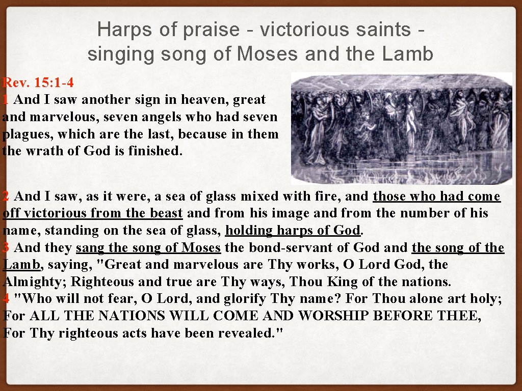 Harps of praise - victorious saints singing song of Moses and the Lamb Rev.