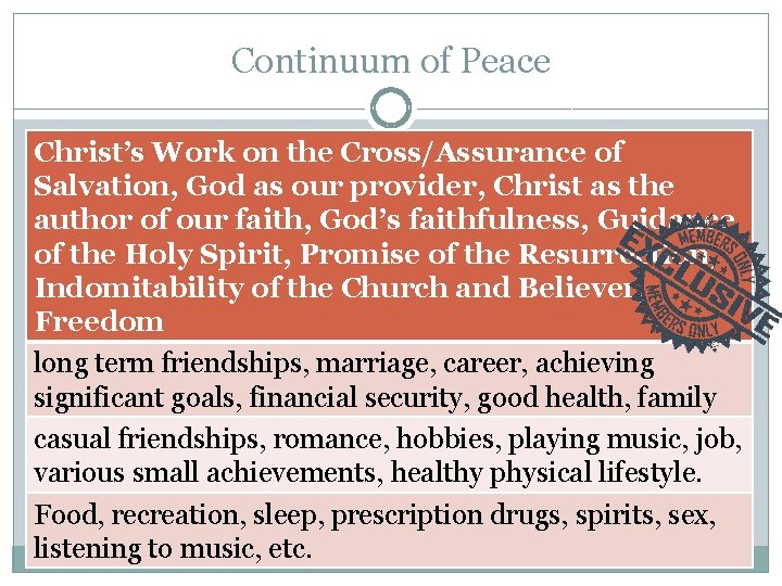 Continuum of Peace Christ’s Work on the Cross/Assurance of Salvation, God as our provider,