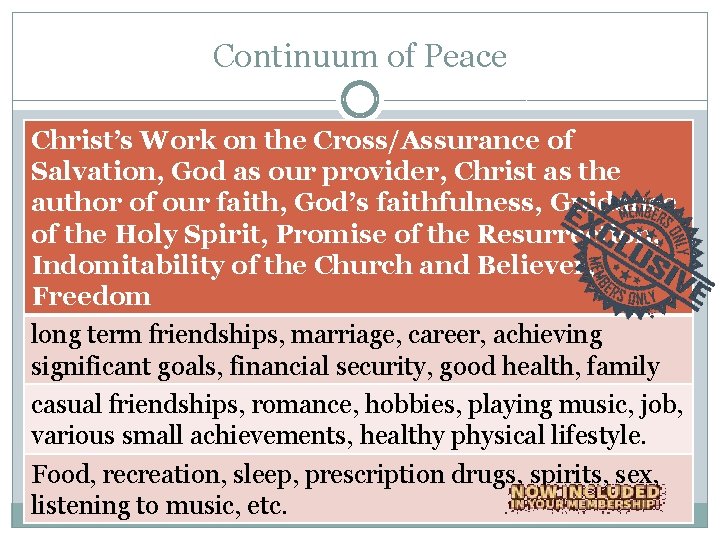 Continuum of Peace Christ’s Work on the Cross/Assurance of Salvation, God as our provider,