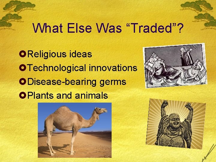 What Else Was “Traded”? £Religious ideas £Technological innovations £Disease-bearing germs £Plants and animals 