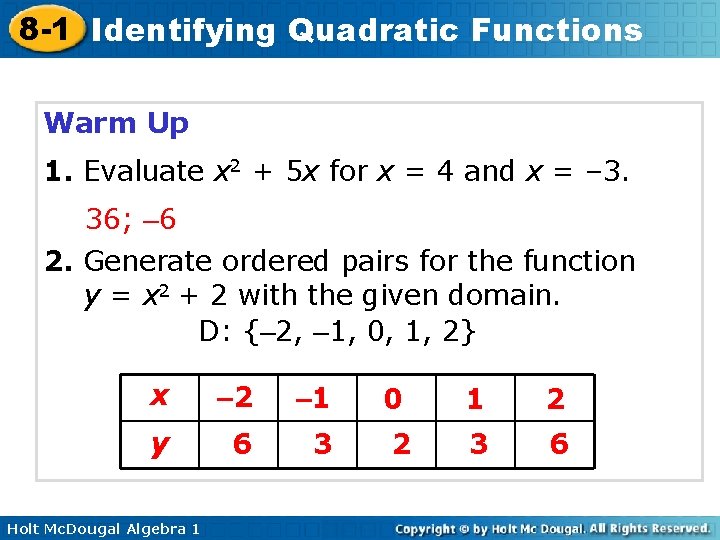 8 -1 Identifying Quadratic Functions Warm Up 1. Evaluate x 2 + 5 x