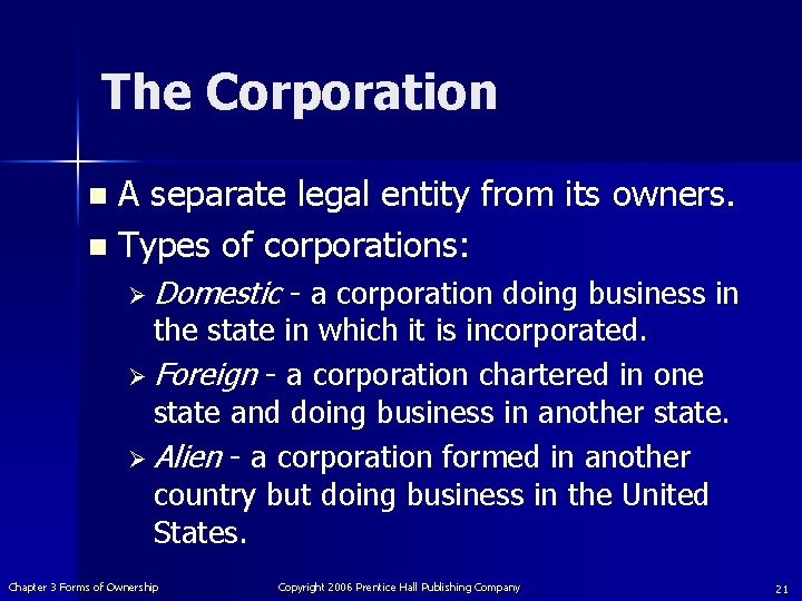 The Corporation A separate legal entity from its owners. n Types of corporations: n