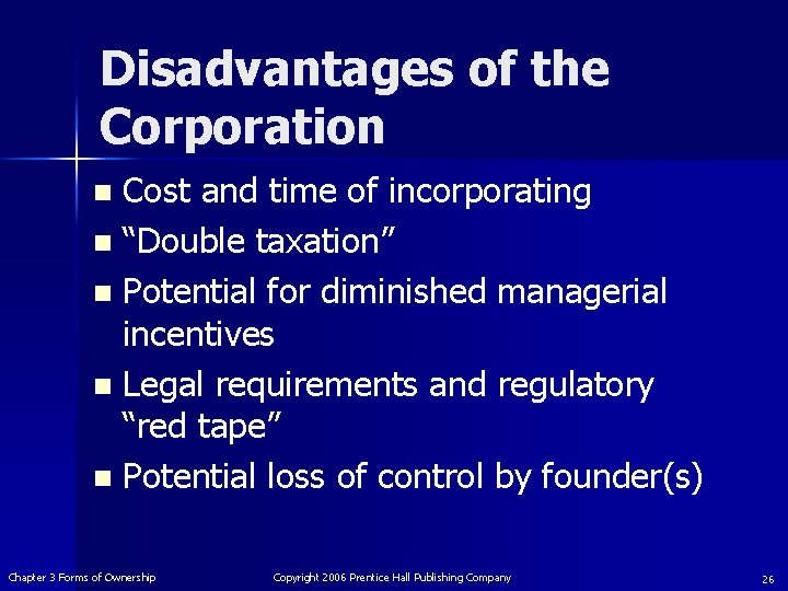 Disadvantages of the Corporation Cost and time of incorporating n “Double taxation” n Potential