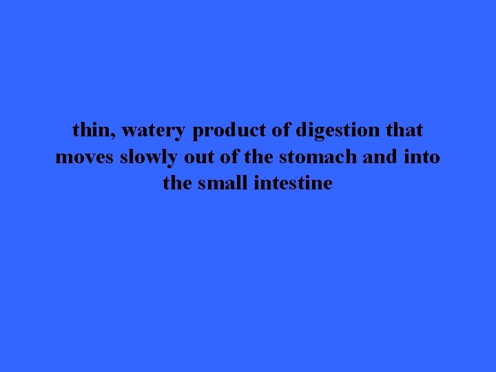 thin, watery product of digestion that moves slowly out of the stomach and into