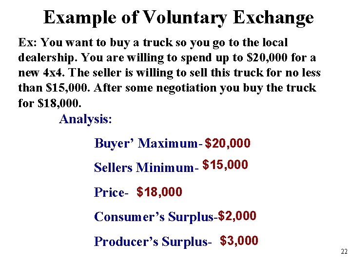 Example of Voluntary Exchange Ex: You want to buy a truck so you go