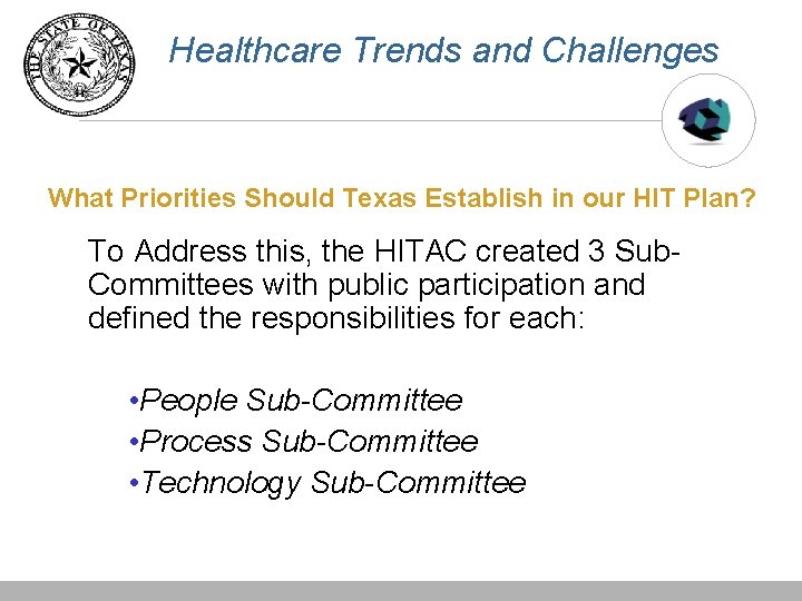 Healthcare Trends and Challenges What Priorities Should Texas Establish in our HIT Plan? To